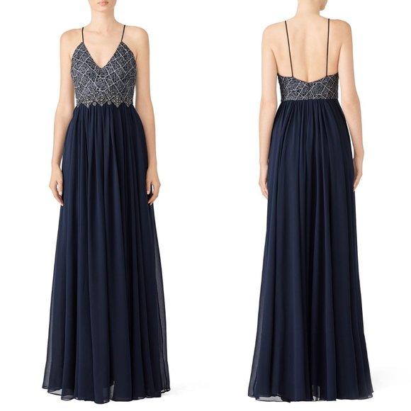 $1,100 BADGLEY MISCHKA Lace Metallic Flowy gown 2 - Picture 5 of 13